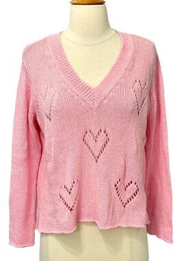 Wooden Ships Womens Heart Sweater Pink V-Neck Lightweight Knit Pullover Size X/S